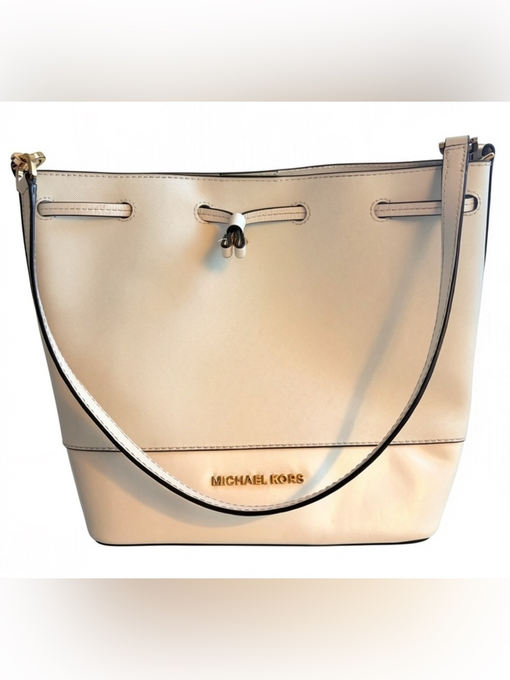 Michael Kors Trista Saffiano Leather Medium Bucket Bag Cream White